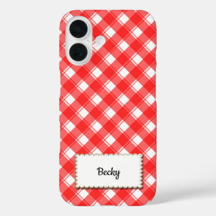 Rode Witte Retro Gingham Schotlandse Ruit Custom iPhone 16 Hoesje