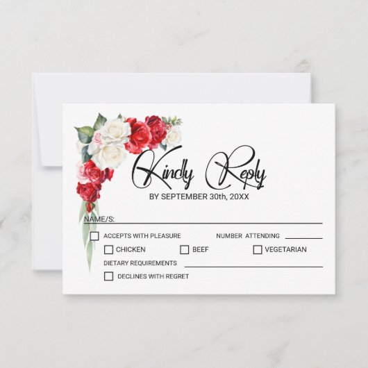 Rode Witte Roos Bloemen Huwelijk RSVP Kaartje (Voorkant)