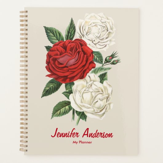 Rode & Witte Rozen Bloemen Jouw naam Dagelijks Planner (Voorkant)