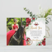 Rode witte rozen bloemlaarzen Charro Quinceañera Bedankkaart (Staand voorkant)