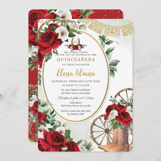 Rode witte rozen Charro laarzen zoet 16 quinceañer Kaart (Voorkant / Achterkant)