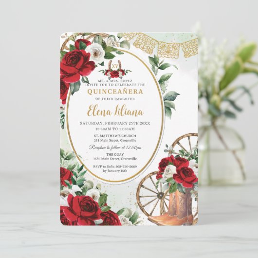 Rode witte rozen Charro laarzen zoet 16 quinceañer Kaart (Staand voorkant)
