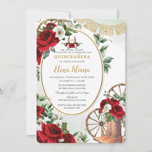 Rode witte rozen Charro laarzen zoet 16 quinceañer Kaart (Voorkant)