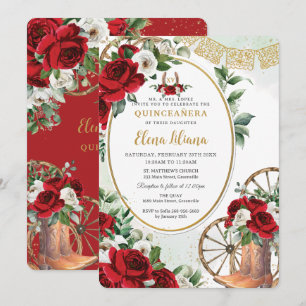 Rode witte rozen Charro laarzen zoet 16 quinceañer Kaart