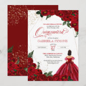 Rode witte Rozen Elegant Gown Quinceanera Kaart (Voorkant / Achterkant)