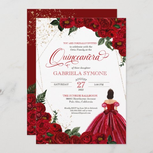 Rode witte Rozen Elegant Gown Quinceanera Kaart (Voorkant / Achterkant)