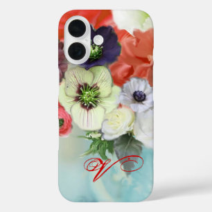 RODE WITTE ROZEN EN ANEMONEBLOEMEN MONOGRAM iPhone 16 HOESJE