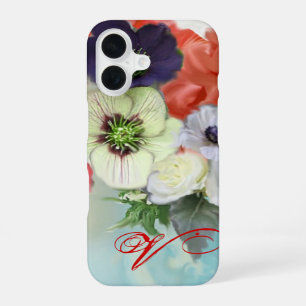 RODE WITTE ROZEN EN ANEMONEBLOEMEN MONOGRAM iPhone 16 HOESJE