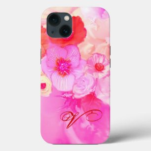 RODE WITTE ROZEN EN ROZE ANEMONEBLOEMEN MONOGRAM iPhone 13 HOESJE