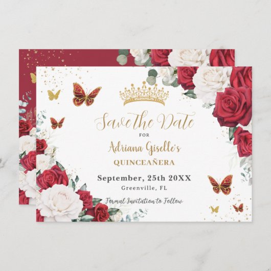 Rode Witte Rozen Floral Goud Quinceañera Sweet 16 Save The Date (Voorkant / Achterkant)