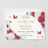 Rode Witte Rozen Floral Goud Quinceañera Sweet 16 Save The Date (Voorkant)