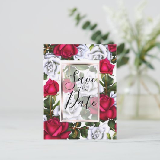 Rode & Witte Rozen Shabby Chic Glam Bewaar de Datu Aankondigingskaart (Staand voorkant)