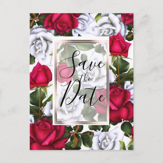 Rode & Witte Rozen Shabby Chic Glam Save the Date Aankondigingskaart (Voorkant)