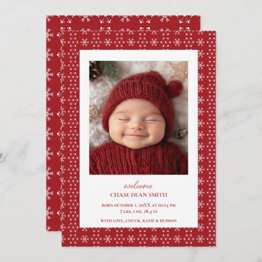 Rode Witte Sneeuwvlok Kerst Baby Aankondiging (Voorkant / Achterkant)