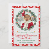 Rode & Witte Sneeuwvlok Met Krans Kerstfoto Feestdagenkaart (Voorkant)