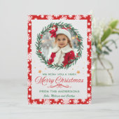 Rode & Witte Sneeuwvlok Met Krans Kerstfoto Feestdagenkaart (Staand voorkant)