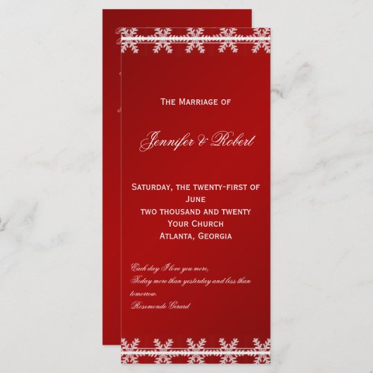 Rode Witte Sneeuwvlok Winter Wedding Programma Programmakaart (Voorkant / Achterkant)