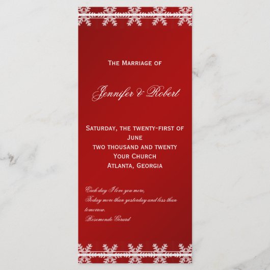 Rode Witte Sneeuwvlok Winter Wedding Programma Programmakaart (Voorkant)