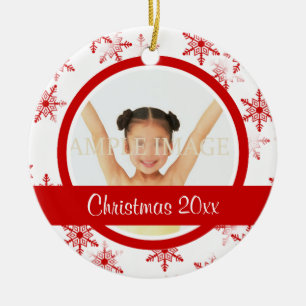 Rode witte sneeuwvlokfoto personaliseert keramisch ornament