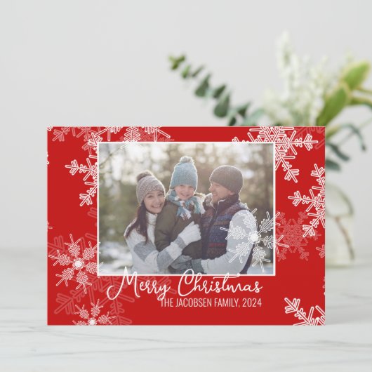 Rode Witte Sneeuwvlokken Minimalistische Kerstfoto Feestdagenkaart (Staand voorkant)