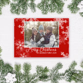 Rode Witte Sneeuwvlokken Minimalistische Kerstfoto Feestdagenkaart