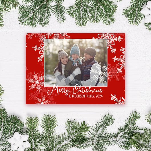 Rode Witte Sneeuwvlokken Minimalistische Kerstfoto Feestdagenkaart