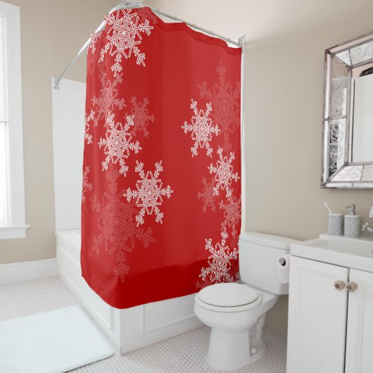 Rode Witte Sneeuwvlokken Minimalistische Kerstmis Douchegordijn (In situ)