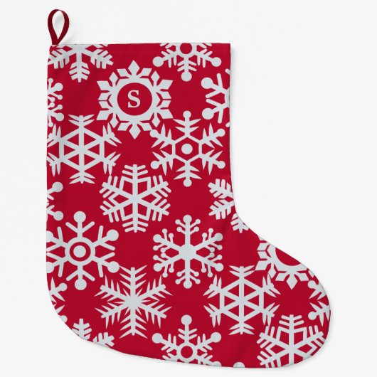 Rode Witte Sneeuwvlokken Monogram Kerstkous Grote Kerstsok (Voorkant)