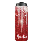 Rode Witte Snowy Druppelende Sneeuwvlok Custom Nam Thermosbeker (Voorkant)