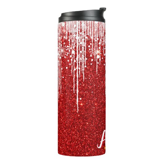 Rode Witte Snowy Druppelende Sneeuwvlok Custom Nam Thermosbeker (Gedraaid links)