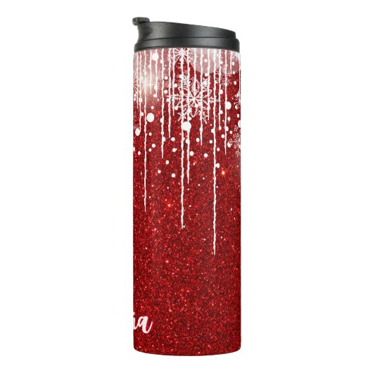 Rode Witte Snowy Druppelende Sneeuwvlok Custom Nam Thermosbeker (Geroteerd rechts)