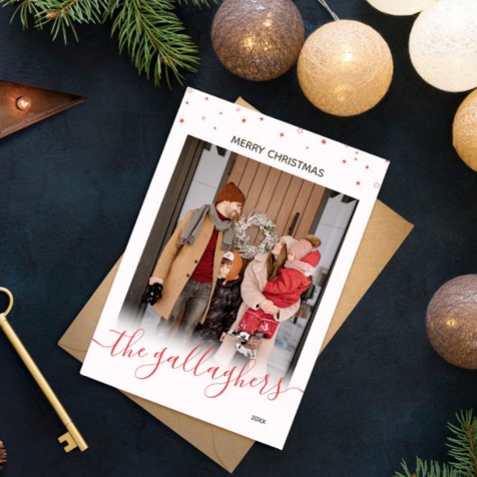Rode witte sterren Naam in Manuscript kerstfoto Feestdagenkaart