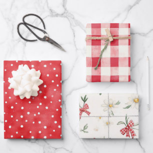 Rode Witte Stippen Madeliefjes Bloemmotief Geruit Inpakpapier Vel