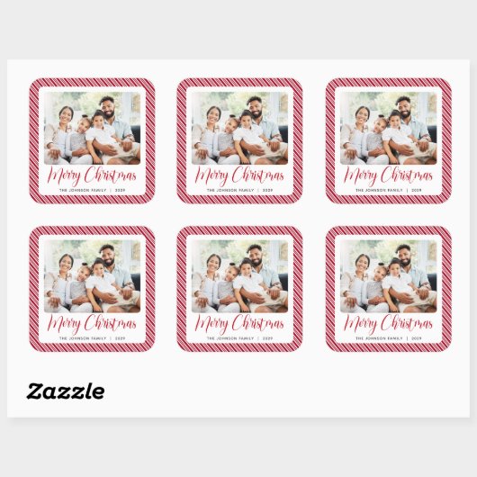 Rode Witte Streep Vrolijke Kerstfoto Vierkante Sticker (Vel)