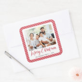 Rode Witte Streep Vrolijke Kerstfoto Vierkante Sticker (Envelop)