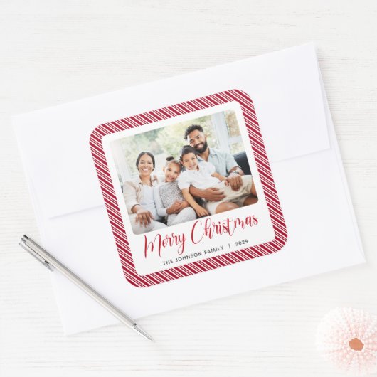 Rode Witte Streep Vrolijke Kerstfoto Vierkante Sticker (Envelop)