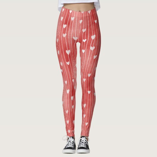 Rode Witte Strepen Harten Leggings (Voorkant)