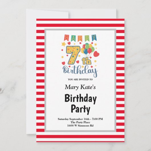 Rode/witte strepen met de zevende verjaardag van d kaart (Voorkant)
