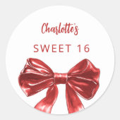 Rode witte strik Sweet 16 Ronde Sticker (Voorkant)