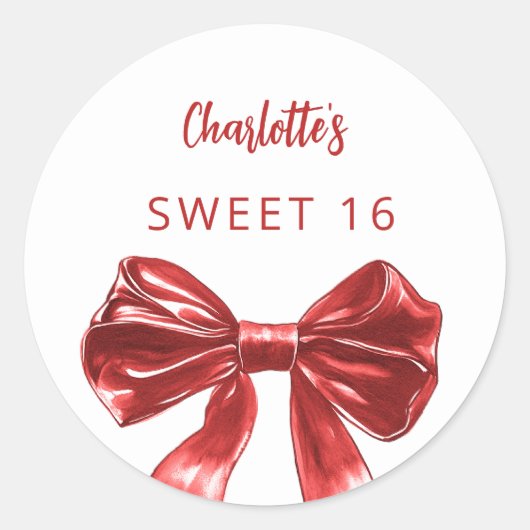 Rode witte strik Sweet 16 Ronde Sticker (Voorkant)