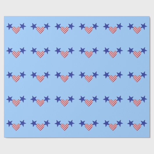Rode witte strips Heart Blue Stars Verpakkingspapi Cadeaupapier (Vlak)