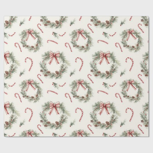 Rode Witte Suikerstok Kerstkransen Cadeaupapier (Vlak)