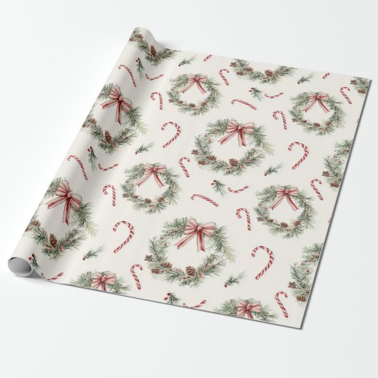 Rode Witte Suikerstok Kerstkransen Cadeaupapier (Uitgerold)
