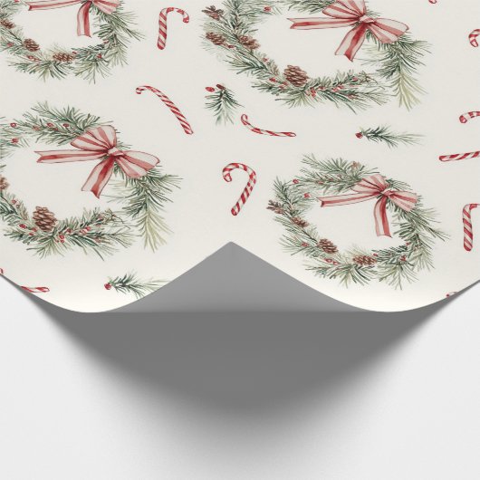 Rode Witte Suikerstok Kerstkransen Cadeaupapier (Hoek)