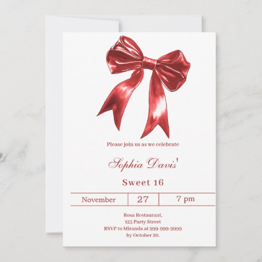 Rode witte Sweet 16 strik Kaart (Voorkant)