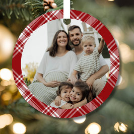 Rode Witte Tartan Schotse Ruit Familie Foto Orname Metalen Ornament