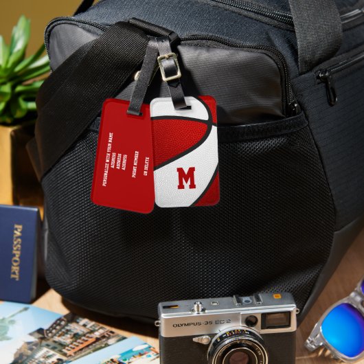 rode witte teamkleuren monogram basketbal bagagelabel (Voorkant /achterkant)