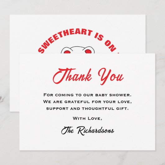 Rode Witte Teddybeer Baby shower Little Sweetheart Bedankkaart (Voorkant / Achterkant)