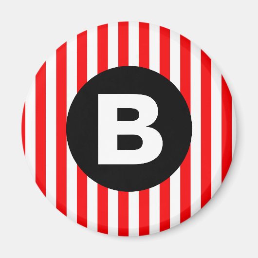 Rode Witte Verticale Strepen Zwarte Monogram Magneet (Voorkant)