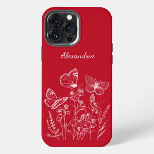 Rode & Witte Vlinders in Wilde Bloemen Monogram iPhone 13 Pro Max Hoesje